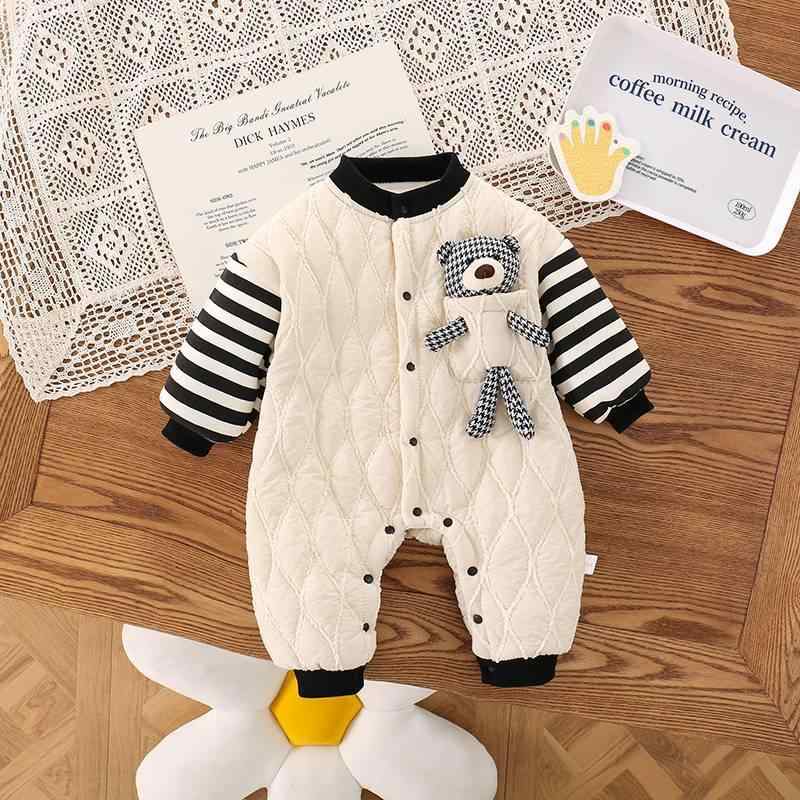 ベビー服 秋冬 長袖 ロンパース カバーオール 新生児 乳幼児 ハーレクイン 小熊 キルティング あったか 66 73 80 90