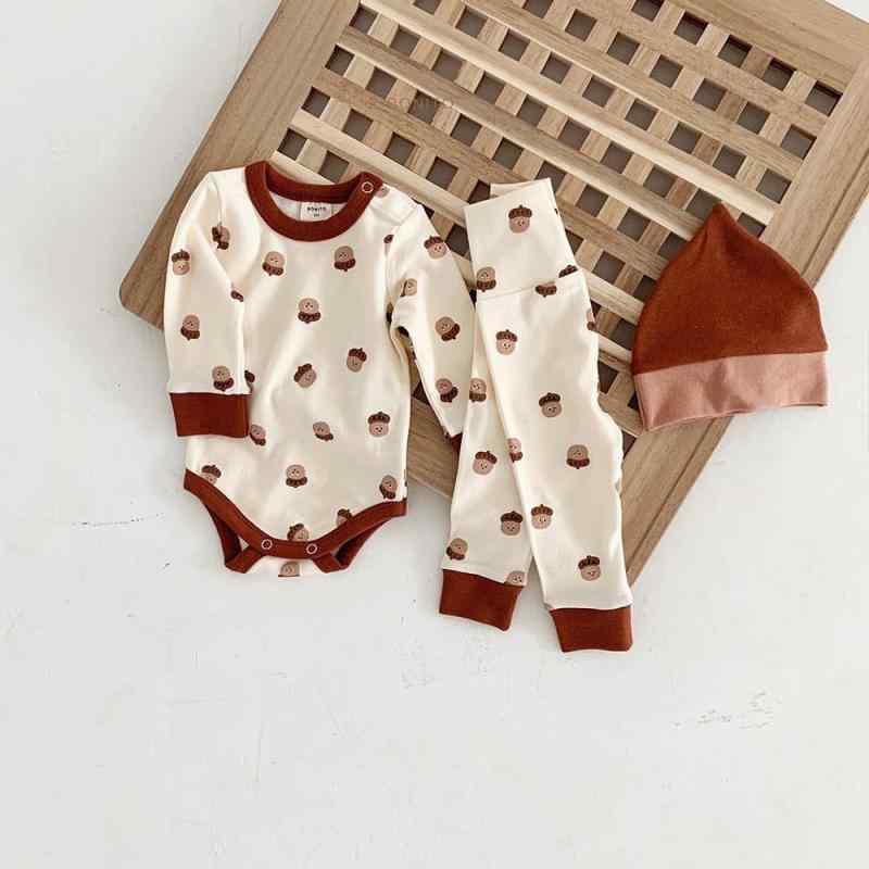 ベビー服 子供服 春秋 冬 長袖 ロンパース 新生児 赤ちゃん カバーオール コットン かわいい 栗 三点セット