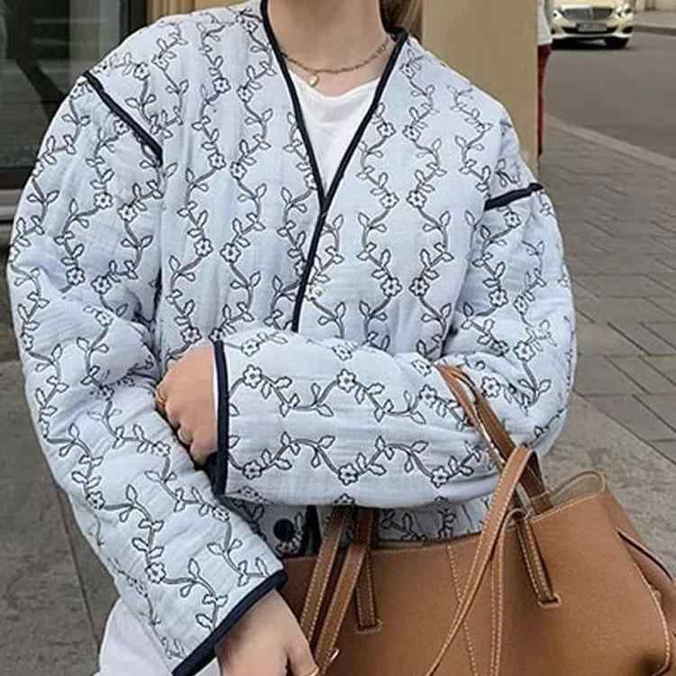 ジャケット レディース キルティング Vネック 長袖 アウター コットン 浅ブルー ゆったり 普段使い 通勤 個性派 秋冬