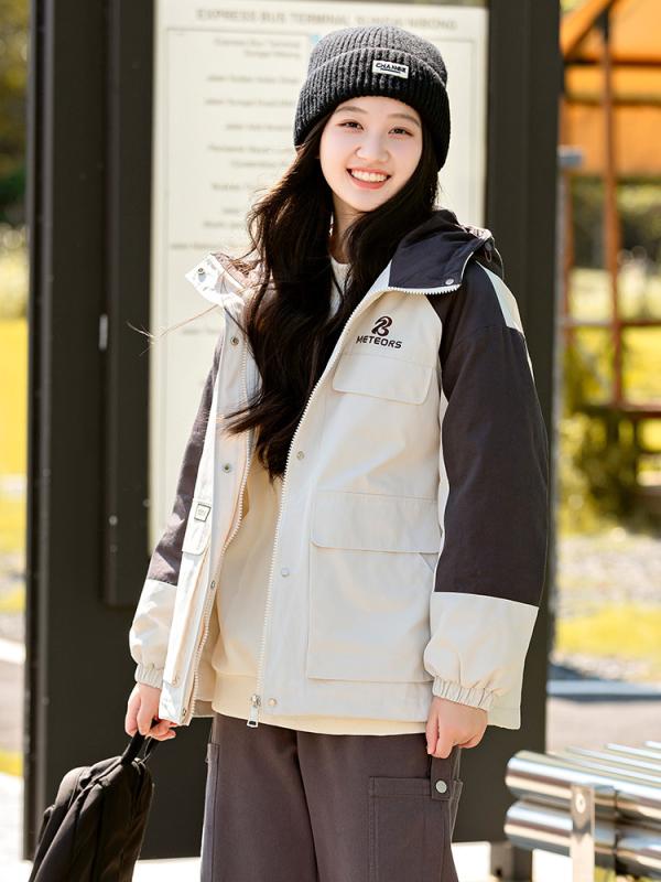 綿入り口・入口前掛け レディース 高校生 中学生 ミリタリー上衣 ボンネット付き添い人 綿織物 アウター 朦々たる 心地好い ゆったり ベージュ