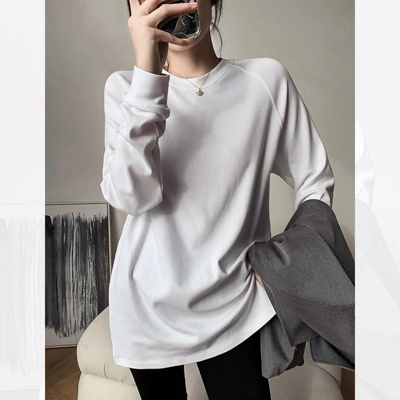 Tシャツ レディース 長袖 コットン 秋冬 ゆったり トップス カットソー ロング丈 体型カバー ラウンドネック 白