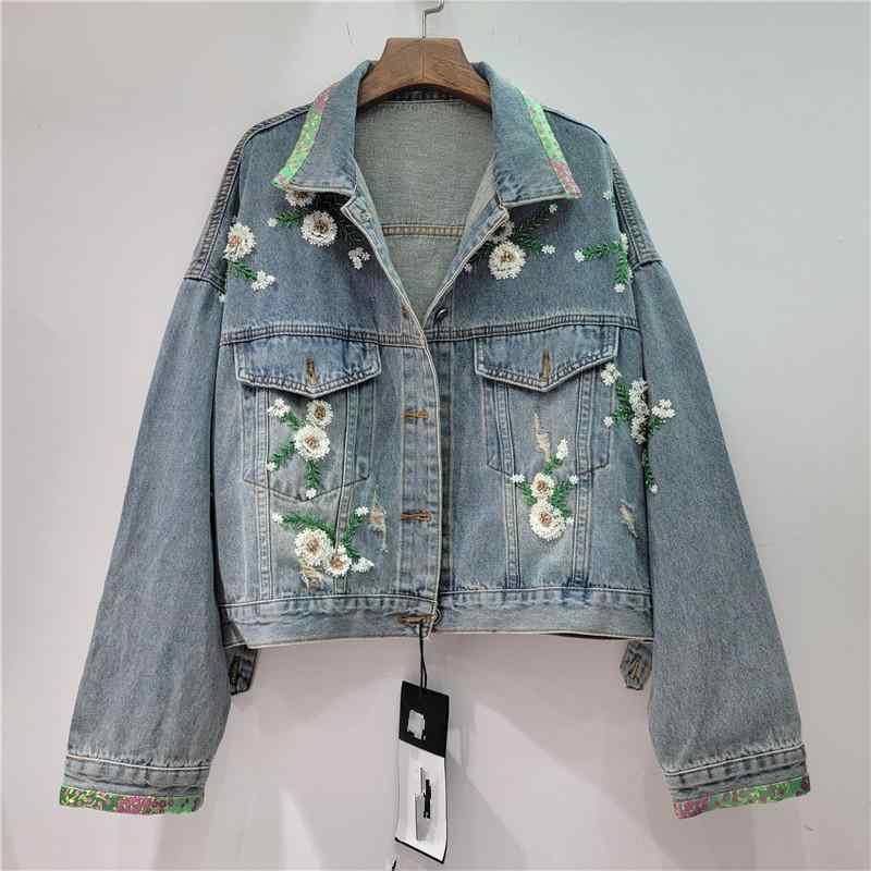デニムジャケット レディース 花柄 刺繍 レース 切り替え ブルージャケット Gジャン ジージャン ゆったり 普段使い 長袖 襟付き