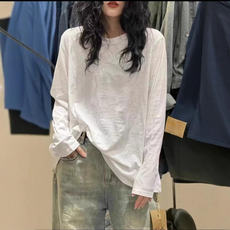 Tシャツ レディース 長袖 ラウンドネック コットン ゆるかわ 無地 薄手 トップス カットソー プルオーバー ロンT カジュアル 文芸風 リラックス ウェア 普段使い