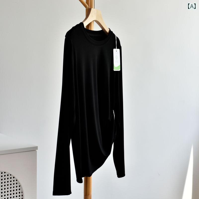 Tシャツ レディース 春 長袖 再生繊維 ラウンドネック カットソー トップス インナー ゆったり 普段使い かわいい 韓国風 カジュアル ブラック ホワイト グレー