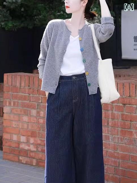 カーディガン レディース 韓国風 ニット 薄手 グレー トップス 秋物 羽織り 長袖 ポリエステル 綿 配色 着痩せ ラウンドネック きれいめ 通勤 エレガント