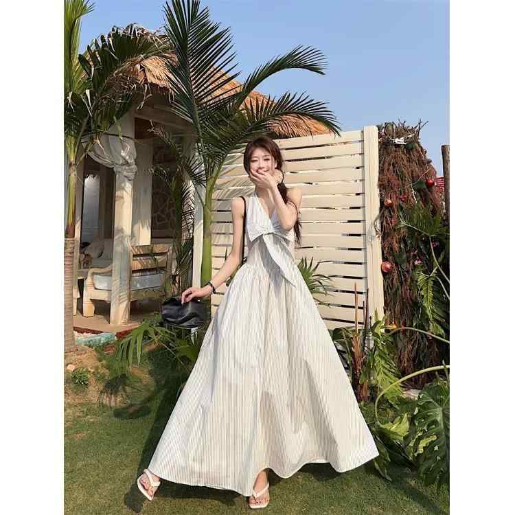 ワンピース レディース 春夏 海辺 リゾート Aライン Vネック ロングワンピース ノースリーブ チュニック 中国風 文芸復古 TR面料 綿 快適 休?