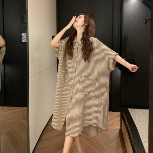 シャツ レディース 韓国風 ストライプ ガーゼ チュニック丈 ゆったり 寝巻き 部屋着 リラックスウェア ホームウェア パジャマ