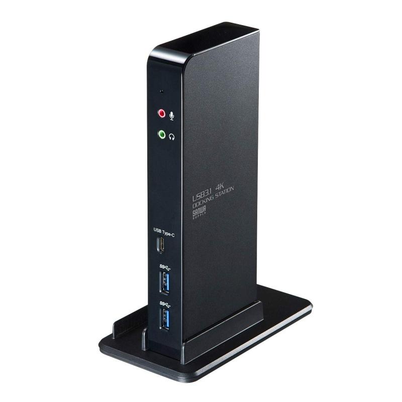 サンワサプライ USB3.1ドッキングステーション(USB2.0×2ポート/USB3.1×2ポート/Type-C×1ポート/RJ-45/ヘッドホン・マイクジャック) タブレットスタンド付き 4K対応 USB-CVDK4