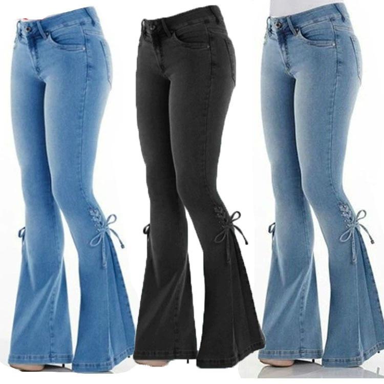 デニム レディース デニムパンツ ジーパン ジーンズ ラッパズボン ベルボトム フレアパンツ ロングパンツ 高見え 高身長 脚長 スタイルアップ 美脚 ストレッチ 伸縮性 薄手 春夏 ブルー ブラック 黒
