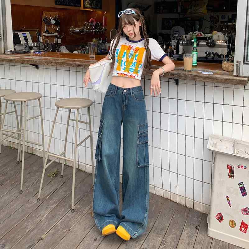 ジーンズ レディース ヴィンテージ風 ウォッシュ加工 ワークパンツ ワイドレッグ ストレート ハイウエスト デニムパンツ 綿混紡 カジュアル スタイル ボトムス ブルー
