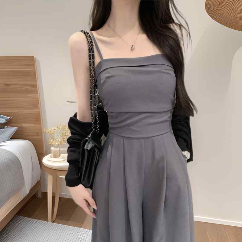 サロペット レディース 小柄 高身長 春夏 コットン 背中開き オールインワン ワイドレッグ パンツ 高見え キュート かわいい カーキ グレー