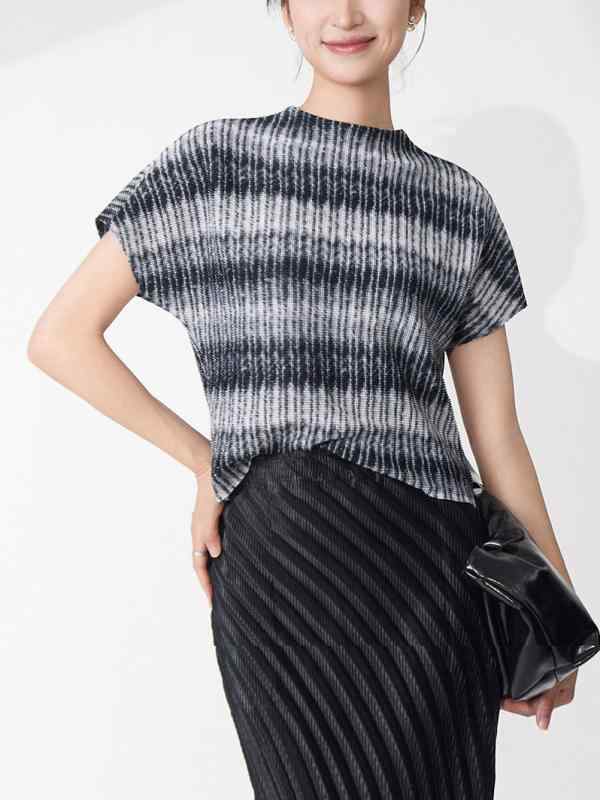 Tシャツ レディース 半袖 プリーツ トップス 伸縮性 ゆったり カットソー 接触冷感 薄手 ストライプ ブラック パープル オレンジ グリーン