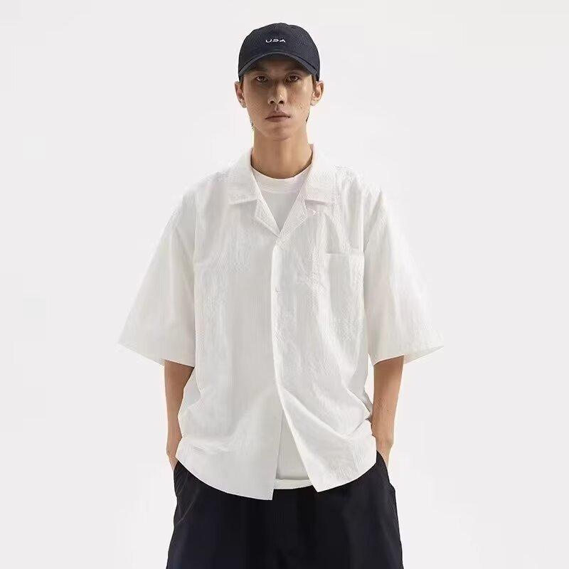 シャツ 男性用 半袖 リネン 襟付き 無地 ルーズフィット カジュアル トップス 白 黒 春夏