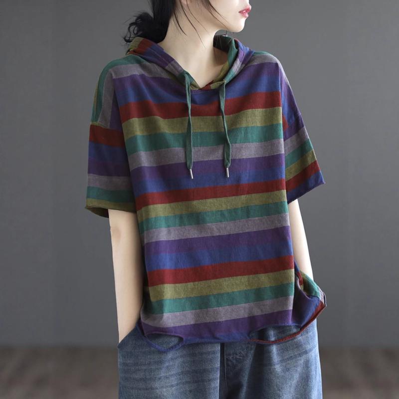 Tシャツ レディース 半袖 ストライプ 接触冷感 ゆったり 大きめサイズ 体型カバー パーカー 薄手 紫 ブルー ブラック ピンク グリーン