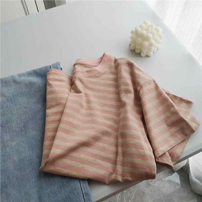 Tシャツ レディース 半袖 ストライプ柄 カットソー ラウンドネック プルオーバー 接触冷感 伸縮性 普段使い 韓国風 パープル ピンク系 グリーン系