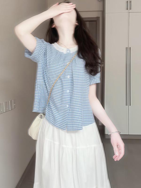 シャツ レディース 半袖 ブルー チェック柄 ラウンドネック トップス 日韓 カジュアル ゆったり かわいい 接触冷感