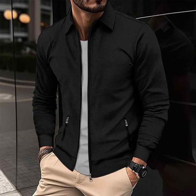 ジャケット 男性用 ワッフル生地 ジップアップ ブルゾン スプリングコート ライトアウター 襟付き ポケット付き 黒 白 グレー カーキ色 青色