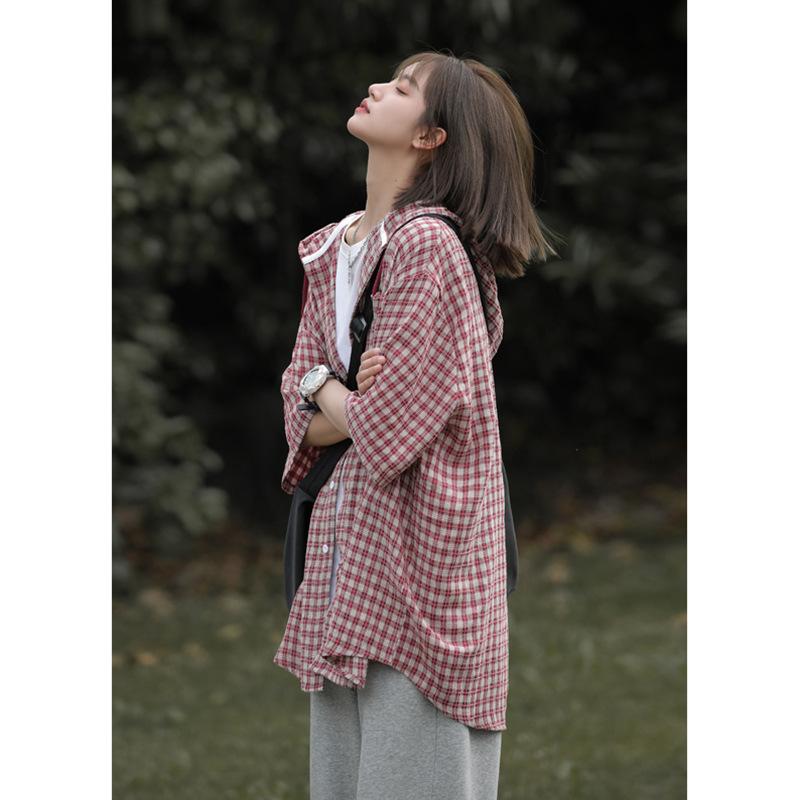 シャツ 男性用 半袖 格子柄 接触冷感 オーバーサイズ フード付き カジュアル 赤 青 普段使い