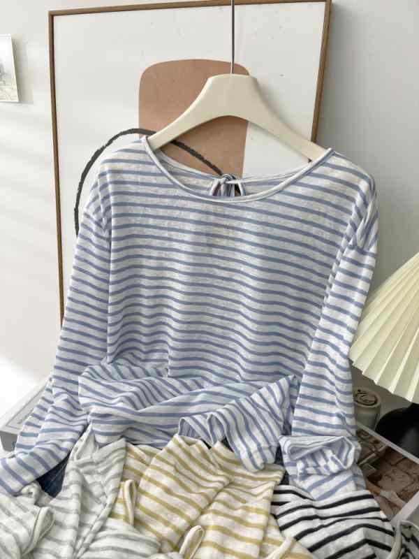Tシャツ 女性用 春夏 接触冷感 竹節綿 コットン ストライプ 柄 丸首 ゆったり 長袖 切り替え 防晒 軽量 薄手 ブラック ライトグレー ブルー イエロー ライトピンク 学院風 カジュアル トップス 修身 爽やか かわいい 普段使い