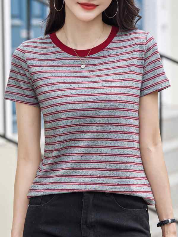 Tシャツ レディース 半袖 ラウンドネック ストライプ 切り替え コットン混紡 ゆったり 薄手 トップス カットソー 普段使い 部屋着 春夏 接触冷感