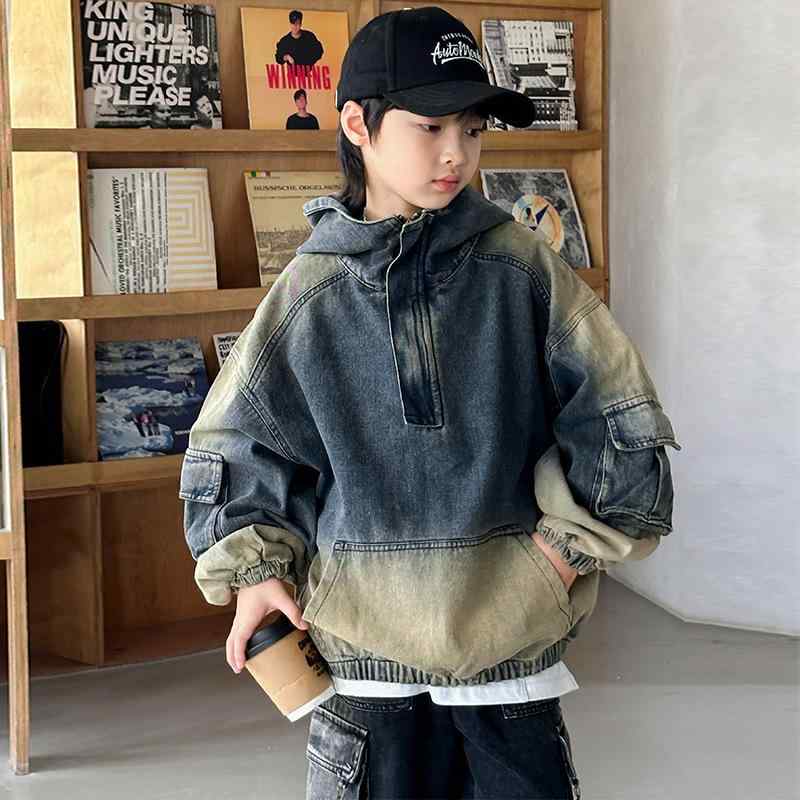 子供服 男の子 秋物 パーカー デニムジャケット フード付き 春秋 中学生 高学年 アウター 長袖 ボーイズ 普段着 ショート丈 120cm 130cm 140cm 150cm 160cm 170cm