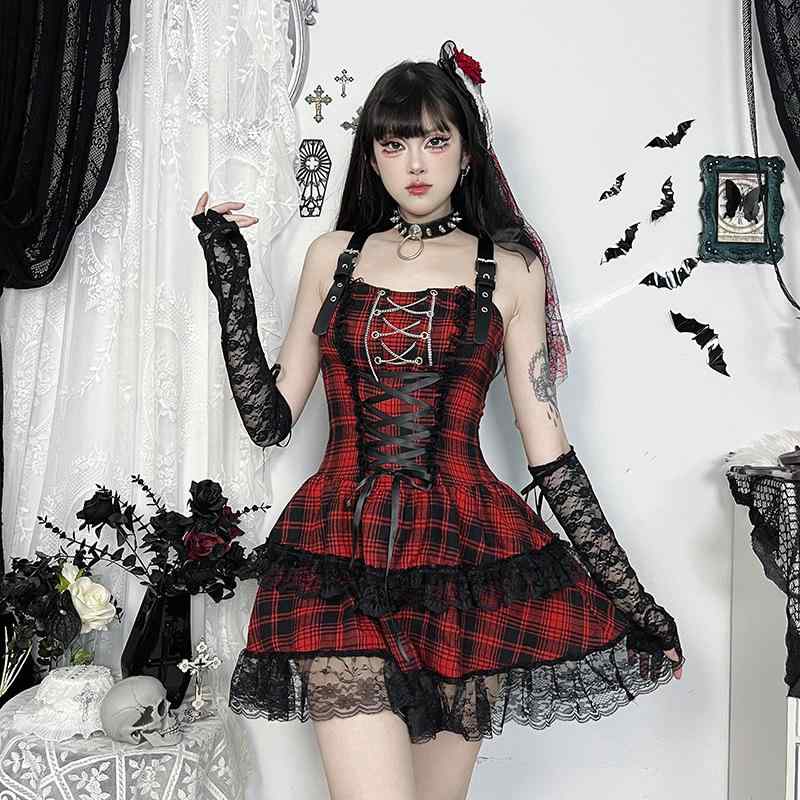 ワンピース レディース ゴシック 格子柄 ミニワンピース ノースリーブ Uネック プリーツスカート ポリエステル 綿 ストリート 普段使い