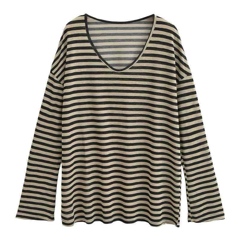 長袖Tシャツ レディース 秋冬 Vネック ストライプ柄 オーバーサイズ ゆったり スリム効果 薄手 トップス 街頭スタイル セクシー 伸縮性 綿混 長袖 ゆったりシルエット 通勤 普段使い アウトドア ブラック グレー アイボリー