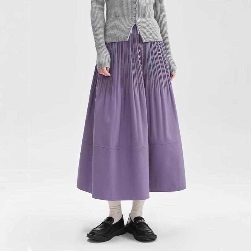 スカート レディース Aライン 高見え 紫 パープル 無地 コットン ギャザー 膝下丈 ミモレ丈 ロングスカート 春夏 エレガント フェミニン ガーリー カジュアル きれいめ かわいい