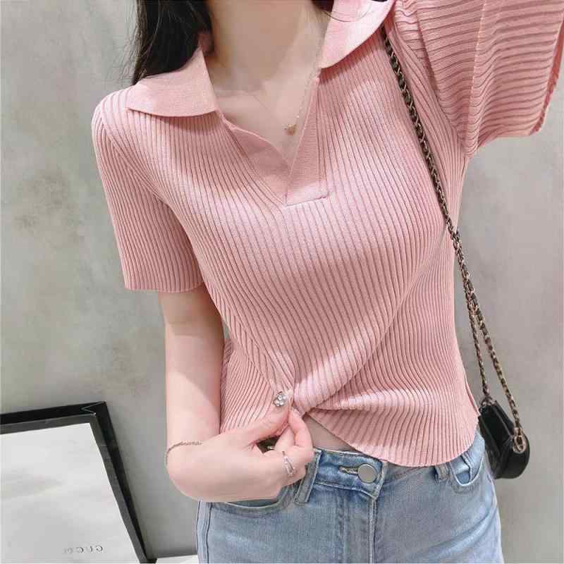 Tシャツ レディース 半袖 ニット トップス スリム ポロ襟 ハイウエスト ショート丈 無地 ポリエステル カジュアル ピンク系 白 緑 黒