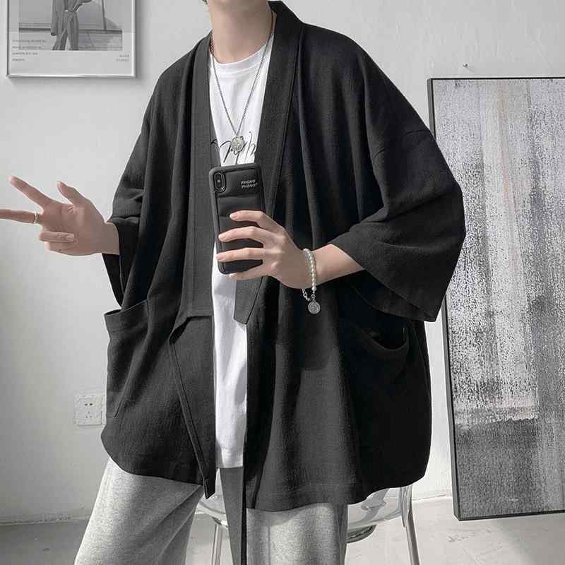シャツ メンズ 男性用 7分袖 綿麻 混紡 リネン トップス 羽織り 接触冷感 涼しい ルーズフィット ゆったり カジュアル ブルー ブラック系