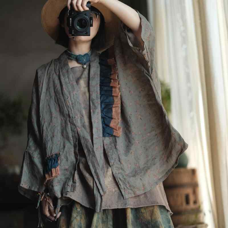 返り咲き 麻 プルオーバー 開衫 厚地の外套 お上さん用 ゆったり 影ぼうし 長袖 無領 うつり変わり 青写真 花柄 刷り上げる 御居処丈 綿織物 リネン 混紡 軽さ 通気性 吸湿性 春夏 コーデ 個人的特徴派 表どおり 心地よい トップス トップ 花の冠yd