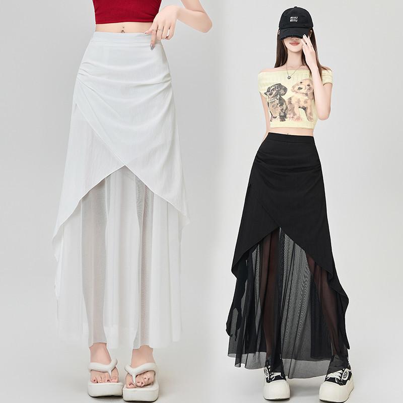 スカート レディース 春夏 レース ギャザー フレア ロングスカート ポリエステル きれいめ かわいい おしゃれ 韓国風 フェミニン ガーリー ホワイト ブラック