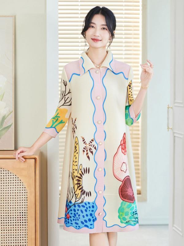 ワンピース レディース 春夏 印花柄 Aライン 中長丈 七分袖 翻領 切り替え 褶? デザイン 気質 通勤 スタイル ゆったり シルエット ?・覧 効果 幅広 ウエスト ポリエステル 素材 杏色 かわいい トップス スカート 組み合わせ 軽量 快適 普段使 6,850円
