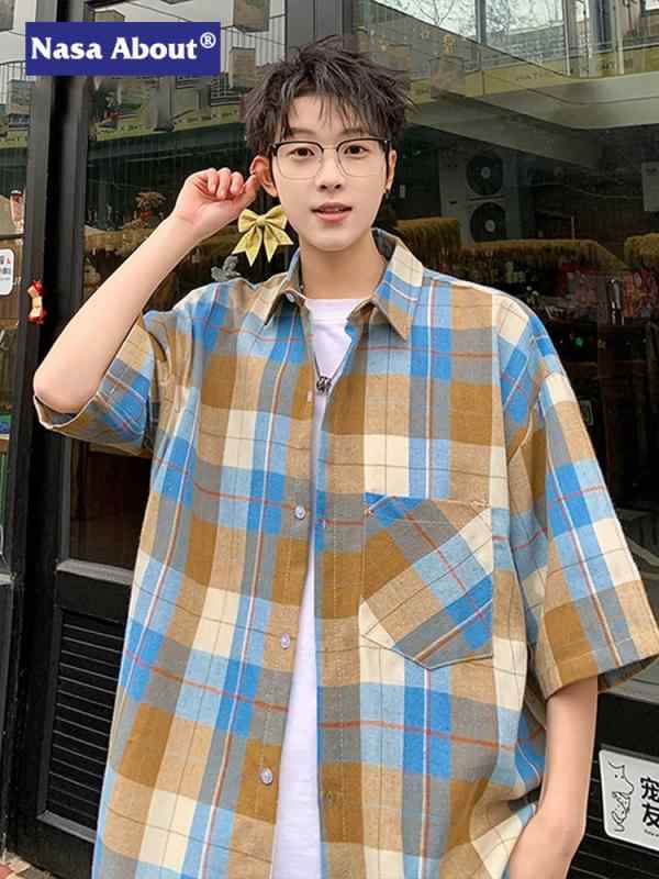 シャツ メンズ 半袖 春夏 チェック柄 トップス 男性用 カジュアルシャツ ゆったり 薄手 アメカジ イエロー グリーン ポリエステル