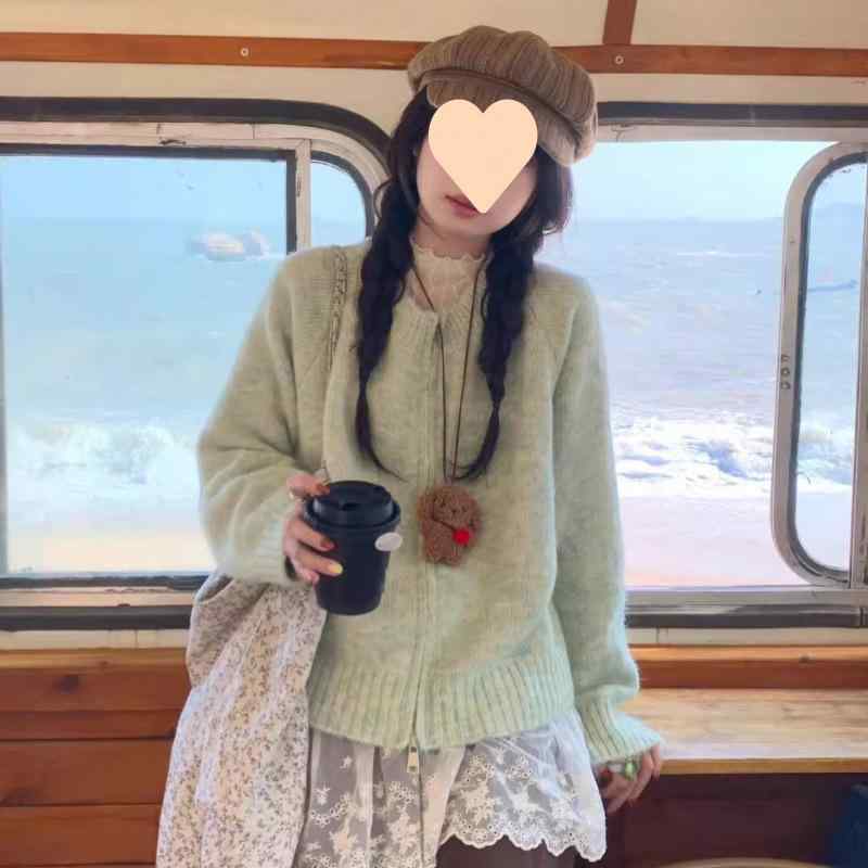 ニット カーディガン レディース 韓国風 グリーン ゆったり かわいい 秋冬 ニットセーター トップス 長袖 丸首 プルオーバー 普段使い 部屋着