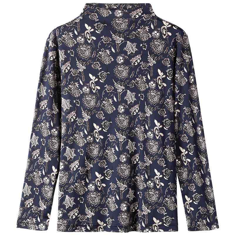 Tシャツ レディース ファッション シルク サテン トップス 薄手 長袖 半ハイネック 桑蚕糸 花柄 深青 L XL 2XL 3XL 4XL 文芸 ?古