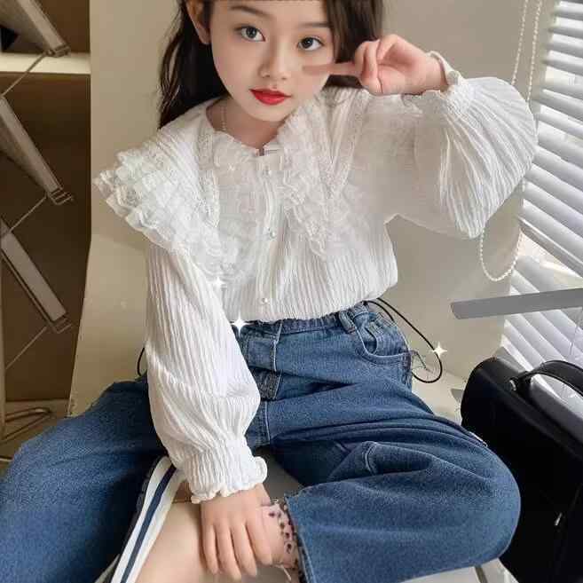 子供服 シャツ 女の子 長袖 レース フリル襟 トップス ブラウス 春秋 かわいい おしゃれ ガーリー フォーマル 発表会 普段使い 90 100 110 120 130 140 ホワイト
