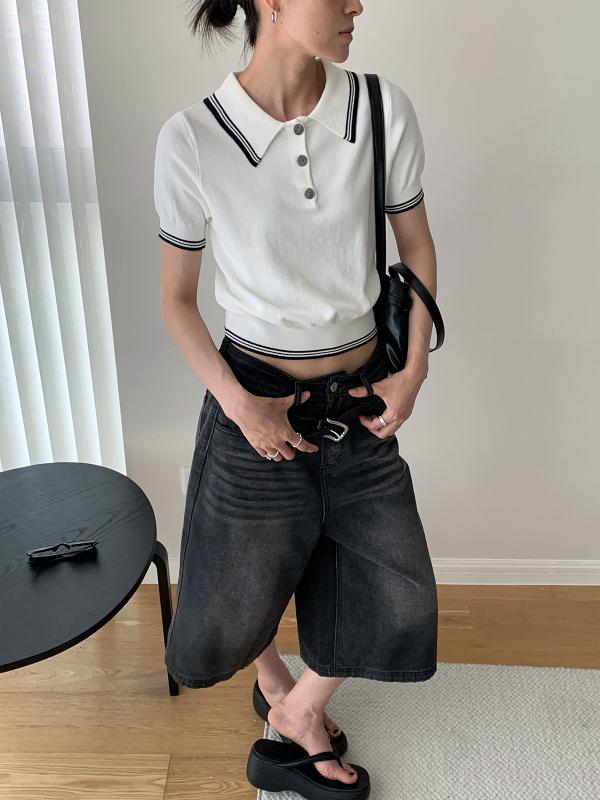 Tシャツ レディース 韓国風 配色 トップス ニット ポロ襟 半袖 スリムフィット 接触冷感 サマーニット 春夏 5,794円