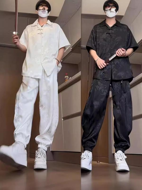 シャツ メンズ 男性用 トップス チャイナスタイル ドラゴン 龍柄 ポリエステル 半袖 薄手 接触冷感 通気性 リラックスフィット カジュアル 中国風 ホワイト ブラック