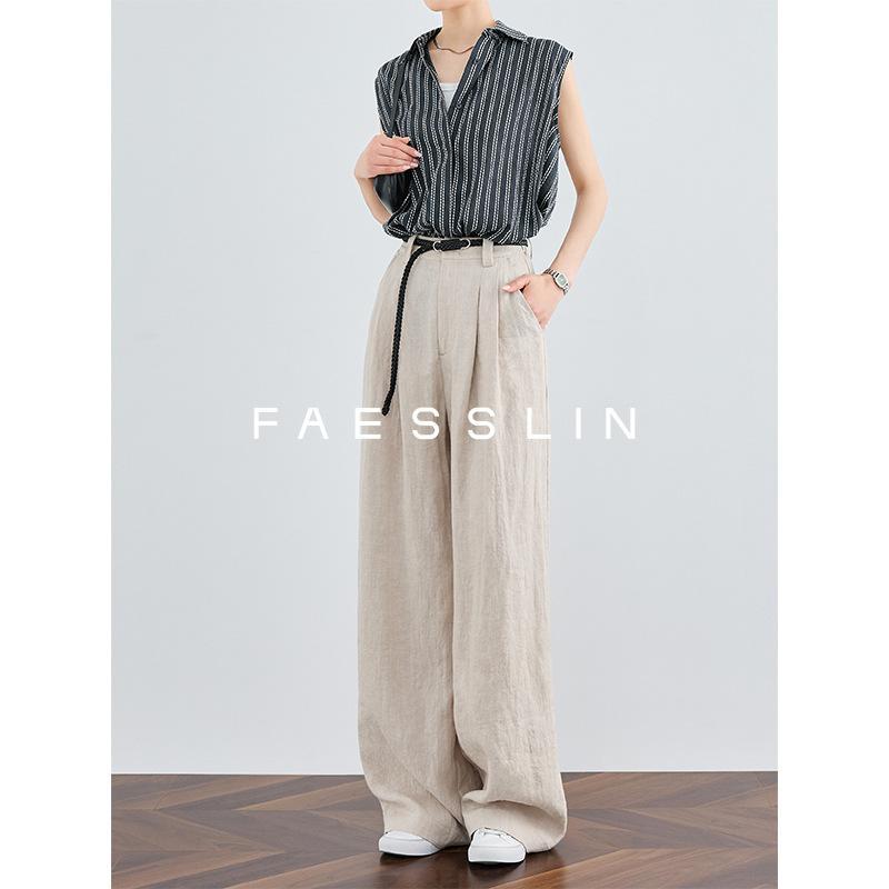 麻 レディース 高腰 ストレートパンツ 接触冷感 リネンパンツ 薄手 ワイドレッグパンツ ズボン S M L XL 杏色