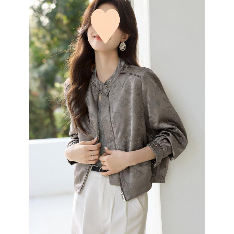 上衣 レディース 春 中華風 繻子 提花 立襟 薄墨色 アウター 長袖 S M L XL 2XL コート・ジャケット-レディースファッション