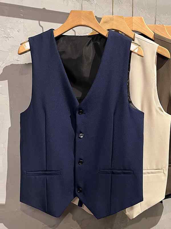 メンズ スーツ ベスト Vネック 無地 スリムフィット 男性用 チョッキ 仕事着 制服 春夏 ポリエステル混紡 ブラック 黒 グレー カーキ ネイビー 紺 ブラウン 茶 S M L XL 2L 3L 4L 5L