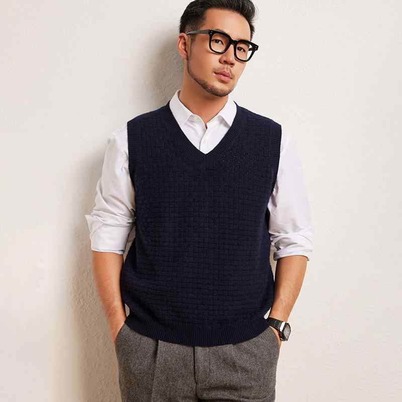 ニットベスト 男性用 Vネック ウール カシミヤ混 厚手 ビジネス 普段使い チョッキ 紳士服 シニア 向け あったか インナー 秋冬