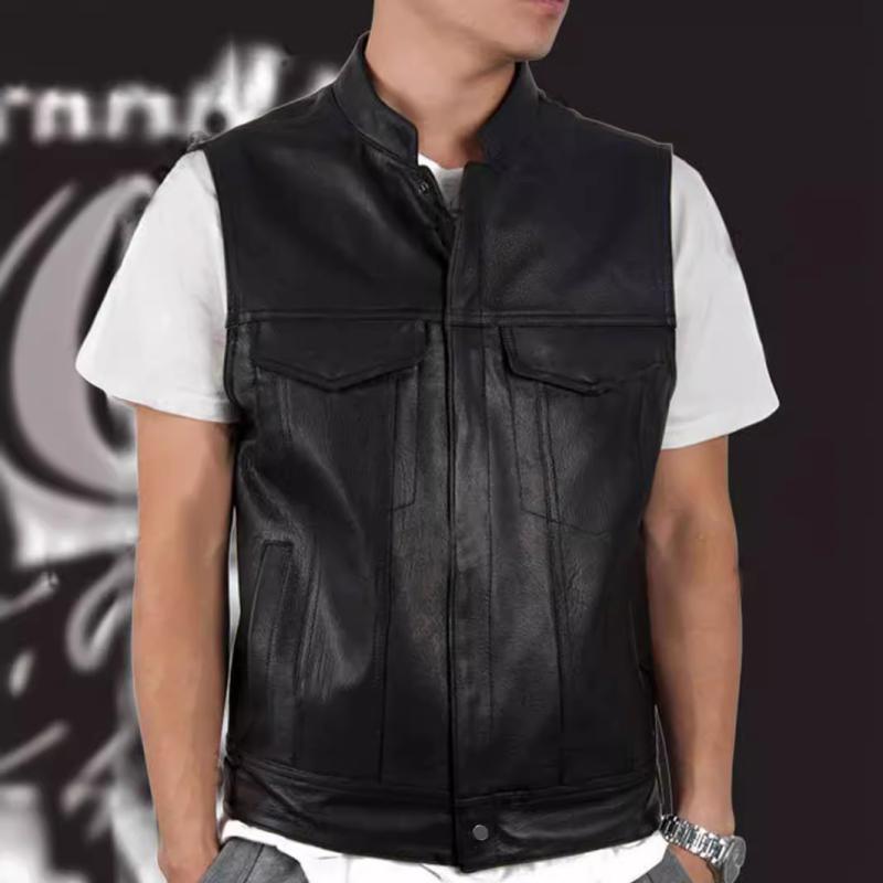 ベスト 男性用 PUレザー 耐摩耗性 ノースリーブ ジャケット 立襟 チョッキ カットソー 重ね着 普段使い アウトドア 春物 黒
