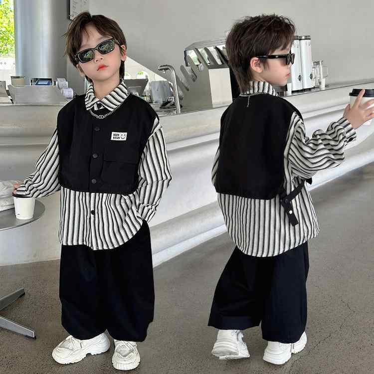 子供服 シャツ 男の子 ストライプ 切り替え 110cm 120cm 130cm 140cm 150cm 160cm 綿 春秋 カジュアル