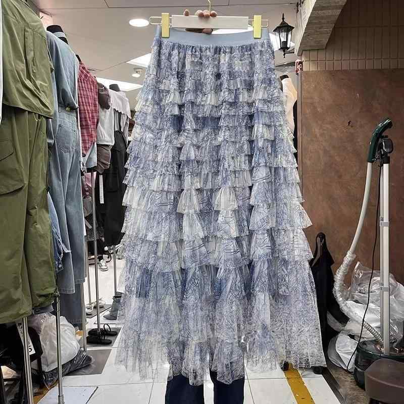 スカート 女性用 夏用 接触冷感 ハイウエスト Aライン プリーツ レイヤード ガウン ブルー ロング丈 軽量 伸縮性 雪ニール 再生繊維 ミディ丈 フレア レイヤードスカート プリーツスカート ガウンスカート タイダイ柄 レース シフォン ブルー系 涼