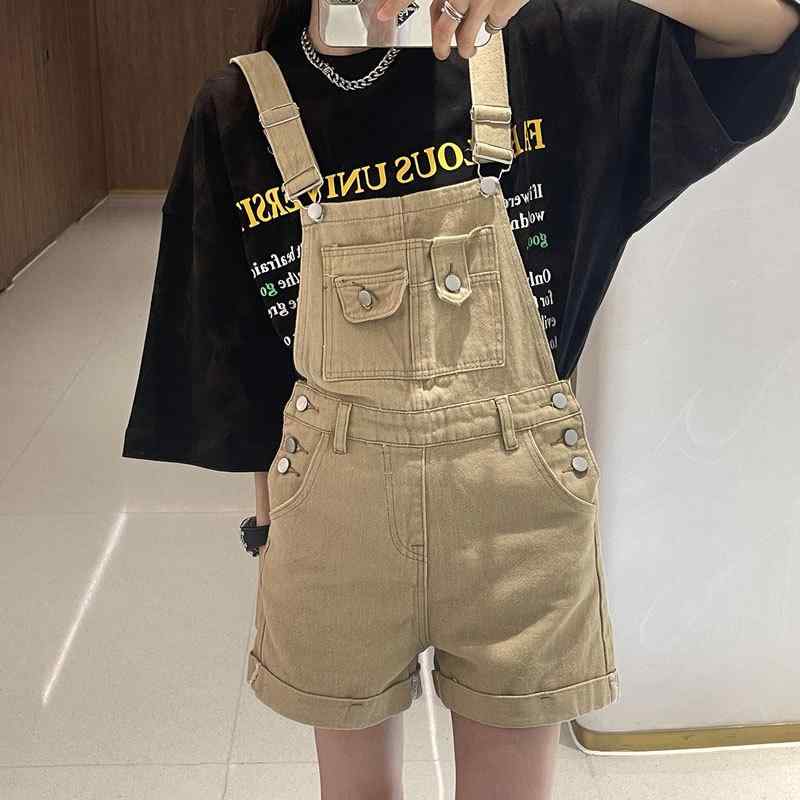 ショートパンツ レディース カーキ色 デニム 背?パンツ サロペット 高腰 ゆったり ロールアップ ジーンズ 水洗加工 ポケット付き 全綿 カジュアル 通勤 普段使い