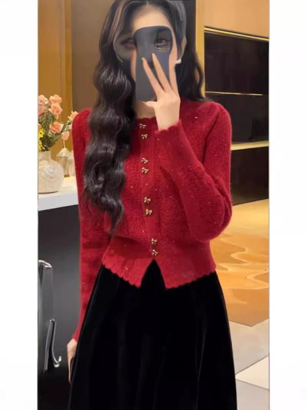ニット カーディガン レディース 春物 ラウンドネック 長袖 ショート丈 トップス ゆったり 婦人服 ブラック レッド オフホワイト レーヨン素材 通勤着