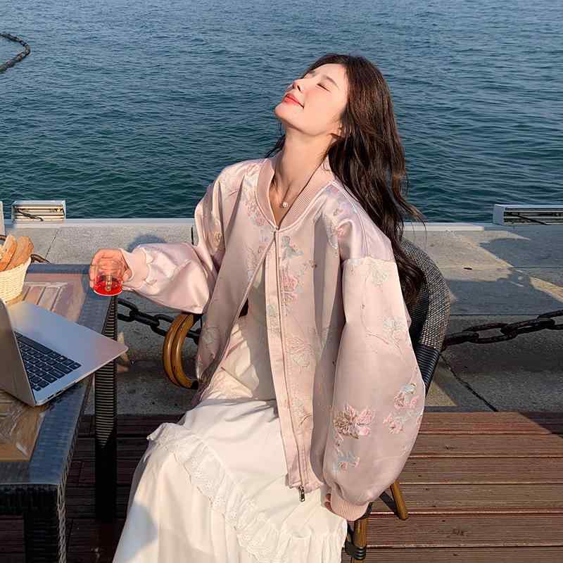 ジャケット レディース 春秋 ブルゾン 野球 薄手 サテン風 アウター トップス ラウンドネック ゆったり 通勤 カジュアル 無地 パープル系 S M L XL