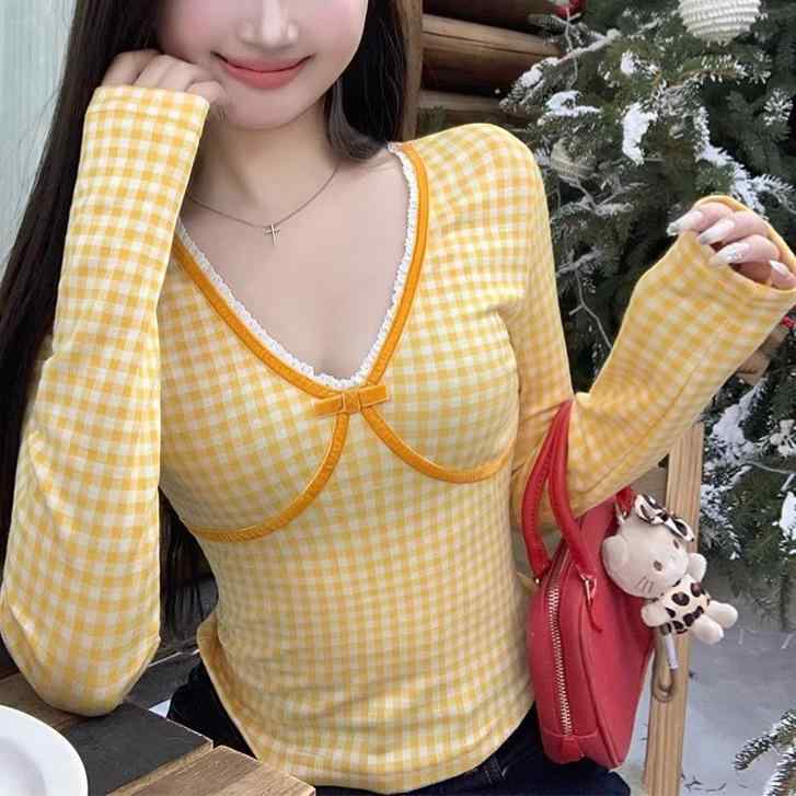 Tシャツ レディース 春秋 韓国風 格子柄 Vネック 長袖 トップス カットソー スリムフィット プルオーバー 普段使い かわいい イエロー レッド ポリエステル スパンデックス